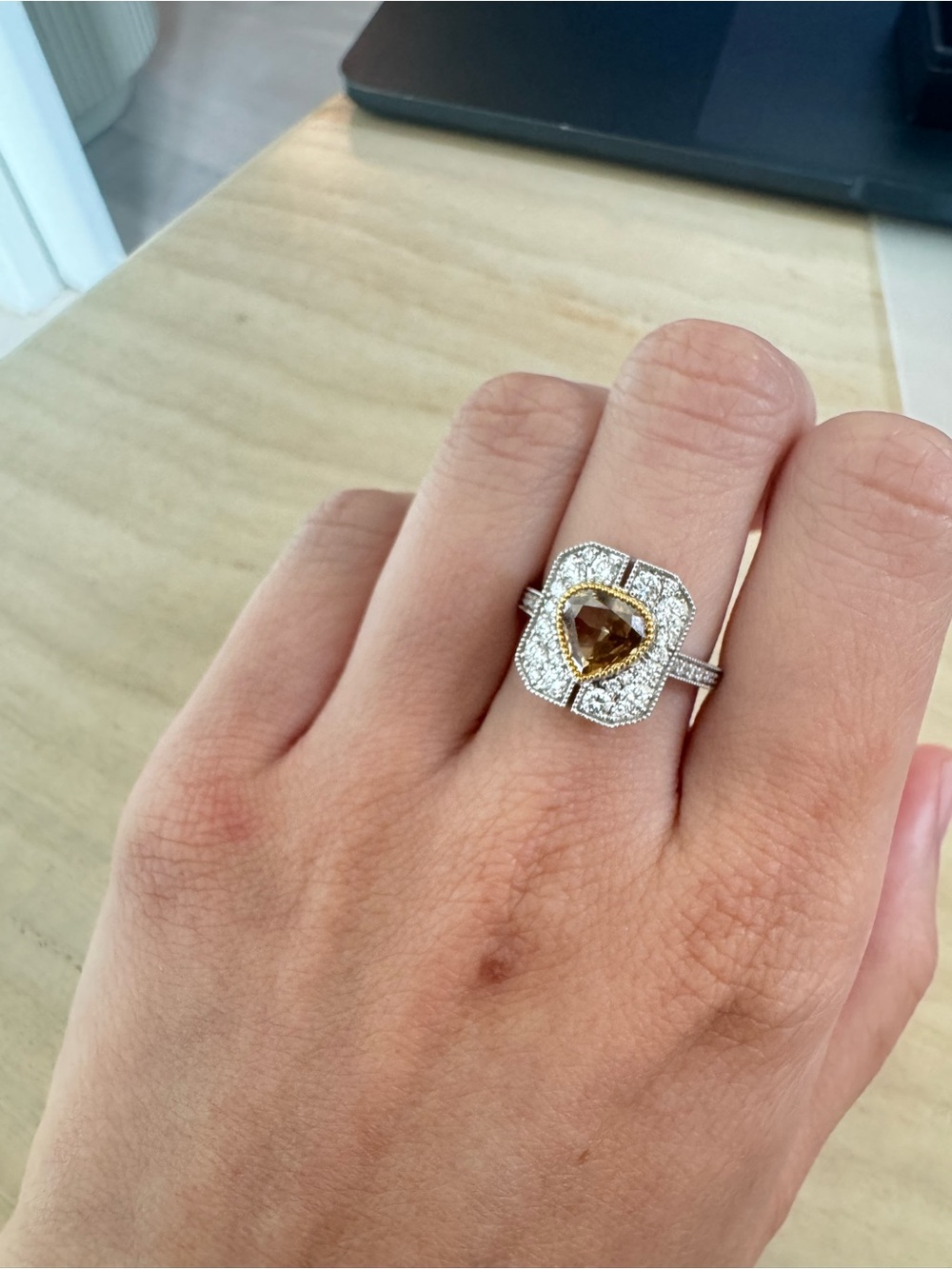 New 1.1ct natural champaign diamond fancy brown pear shape rose cut 18k ring